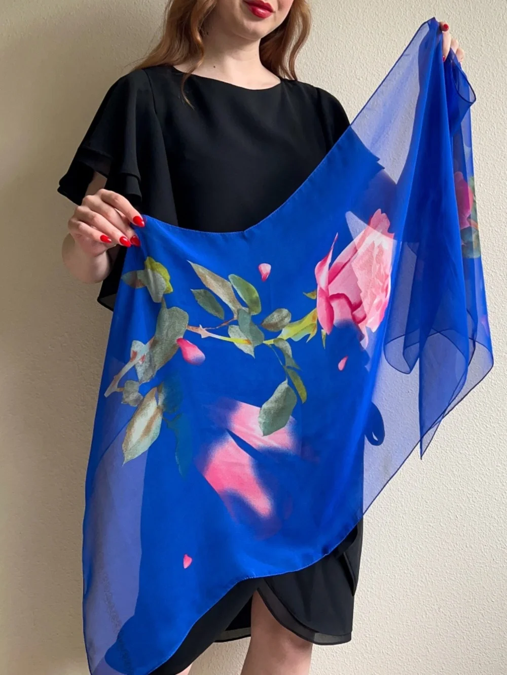 Vintage 1990s Royal Blue Long Scarf With Pink Rose